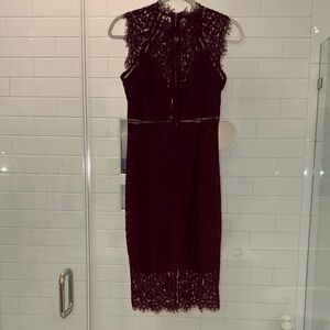 Bardot Lace Midi Dress in Rich Burgundy